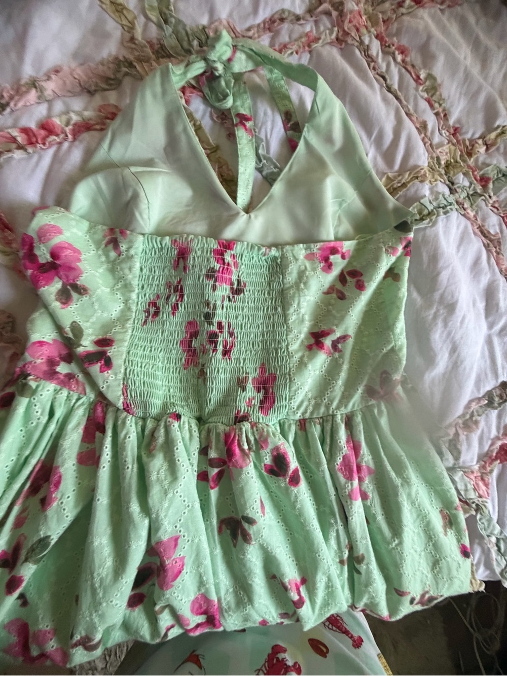 Halter Floral cotton eyelet wedding guest Tea Dress in Mint Green - Picture 7 of 8